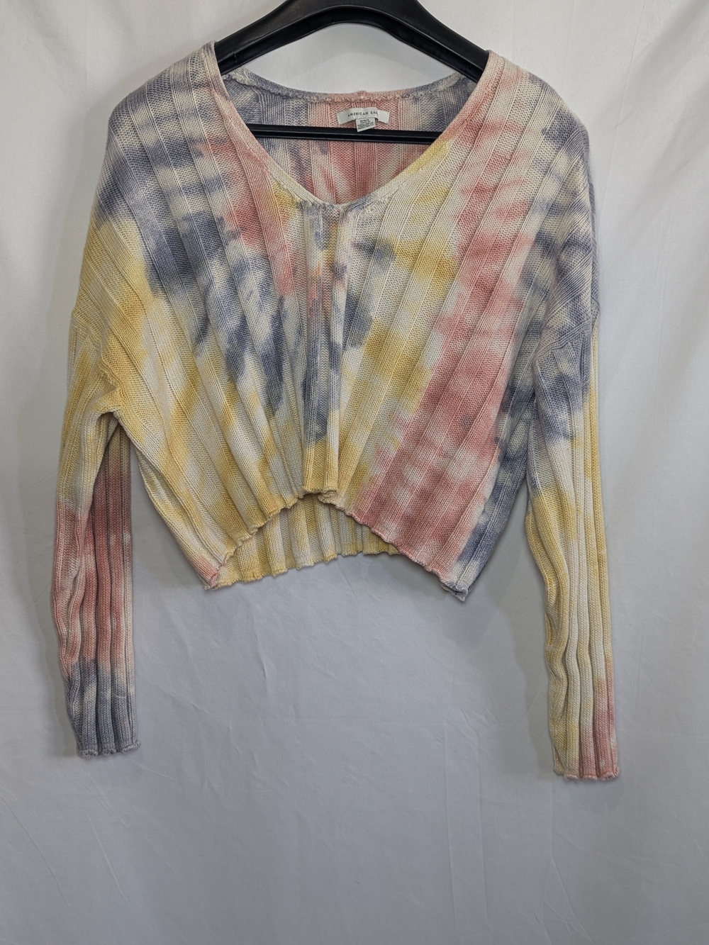 American Eagle Pastel Tie Dye Cropped Ribbed V Neck Sweater M